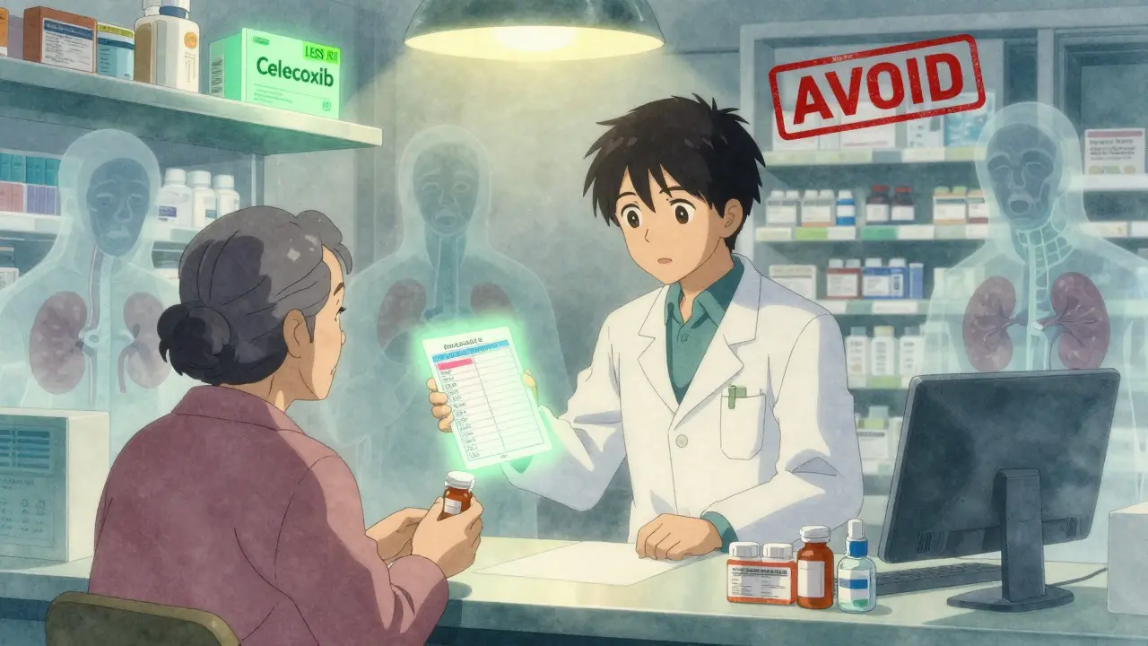 Pharmacist stopping senior patient from taking NSAID, with medical warning symbols in background