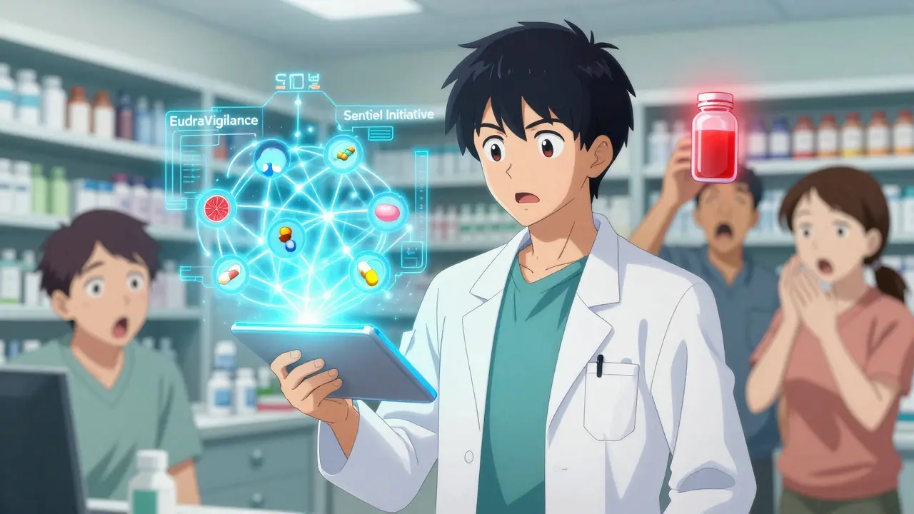 Pharmacist using a scanner to reveal hidden drug interactions with AI data streams in background.