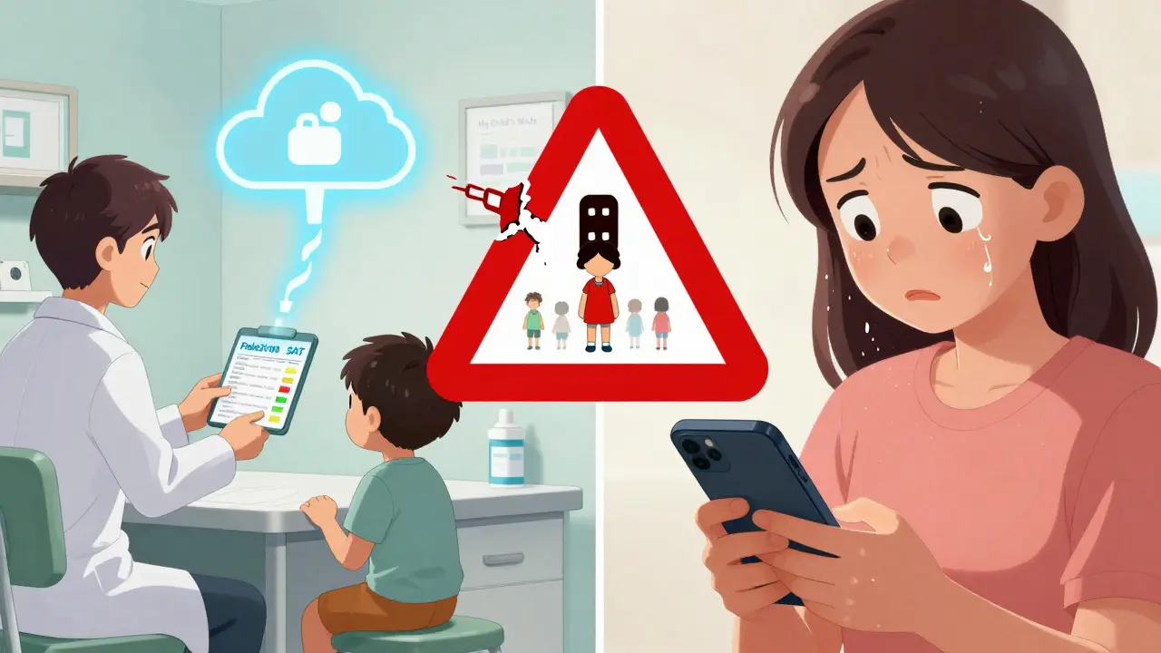 Split-panel illustration showing disconnected hospital and home medication systems with a warning chain symbol between them.