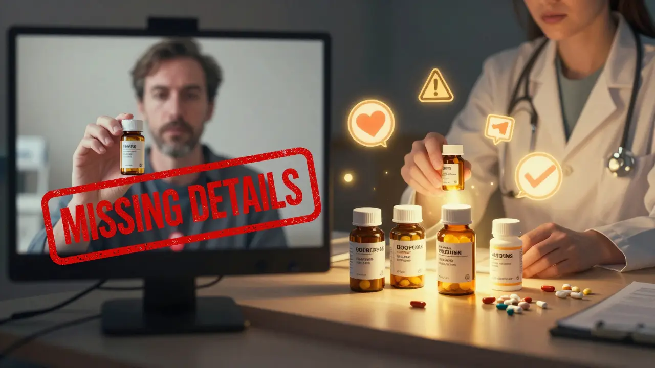 Split scene: blurry phone photo of pills vs. clear physical bottles on a doctor’s desk.