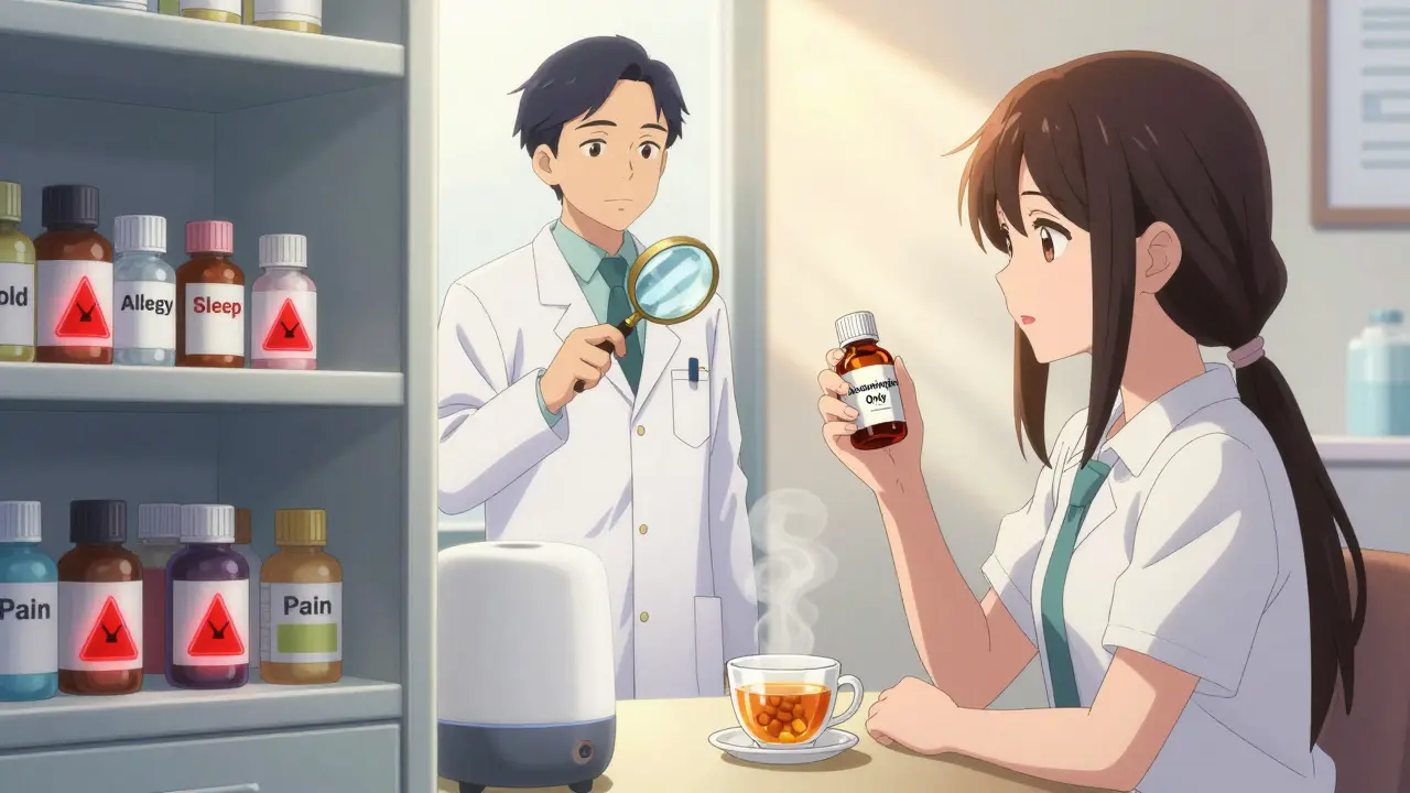 Split scene: chaotic medicine cabinet vs. calm single-pill solution with pharmacist guiding.