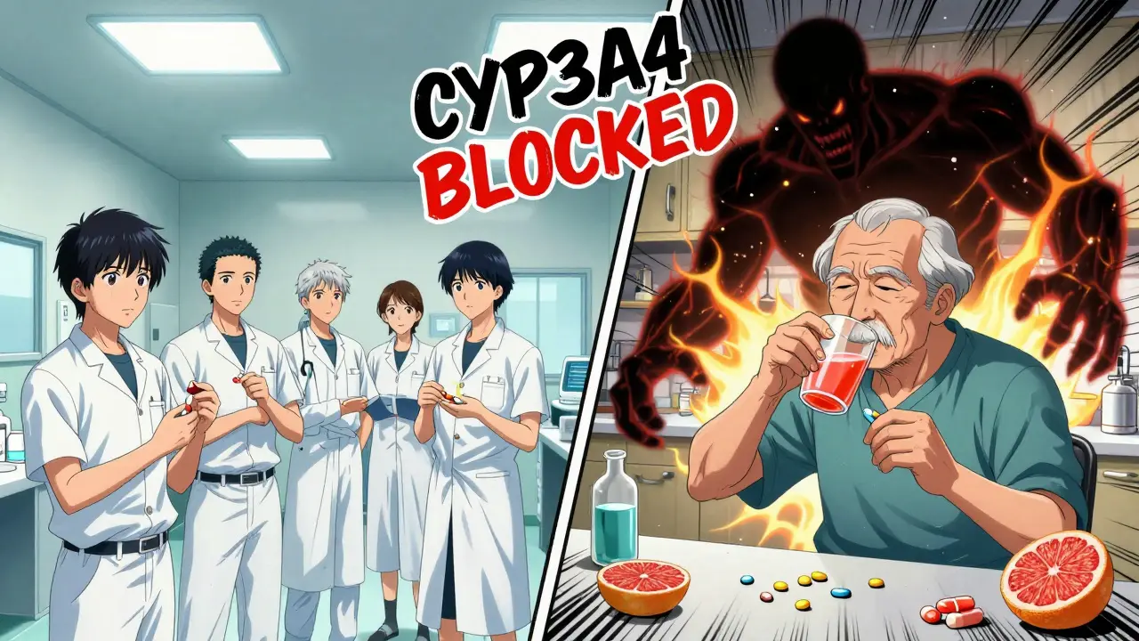 Split scene: clinical trial on left, elderly patient taking pills with grapefruit juice on right.