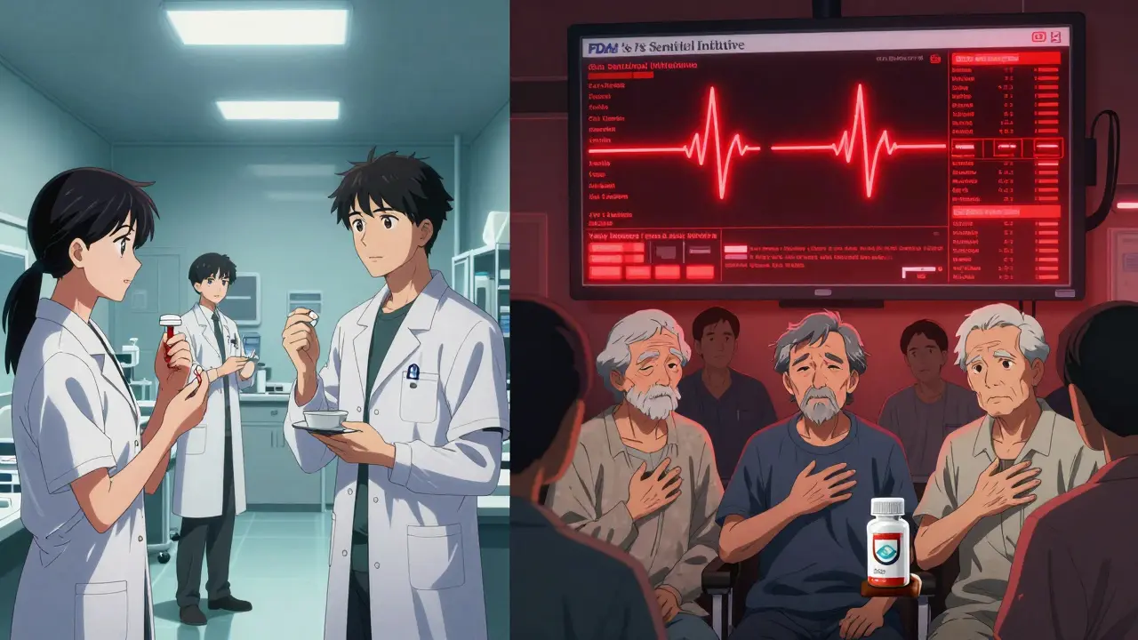 Split scene: clinical trial on one side, elderly patients in ER on the other, with FDA data monitor above.