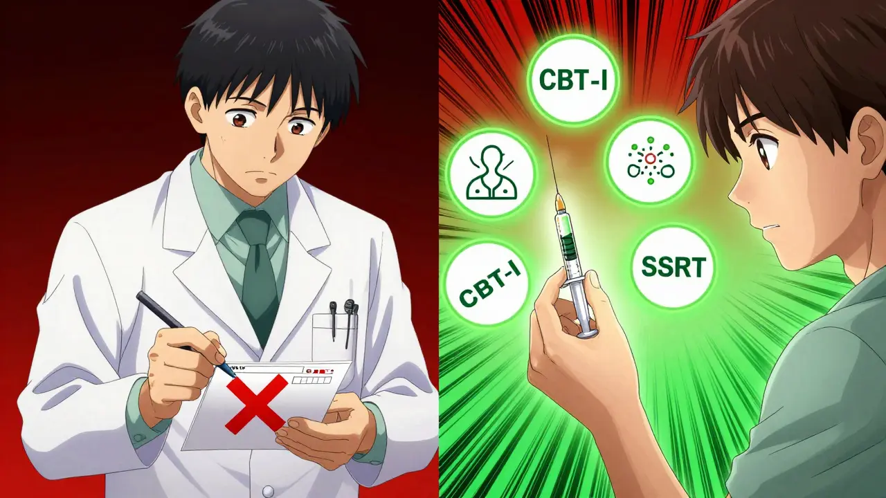 Split scene: doctor crossing out a dangerous prescription while patient holds naloxone.