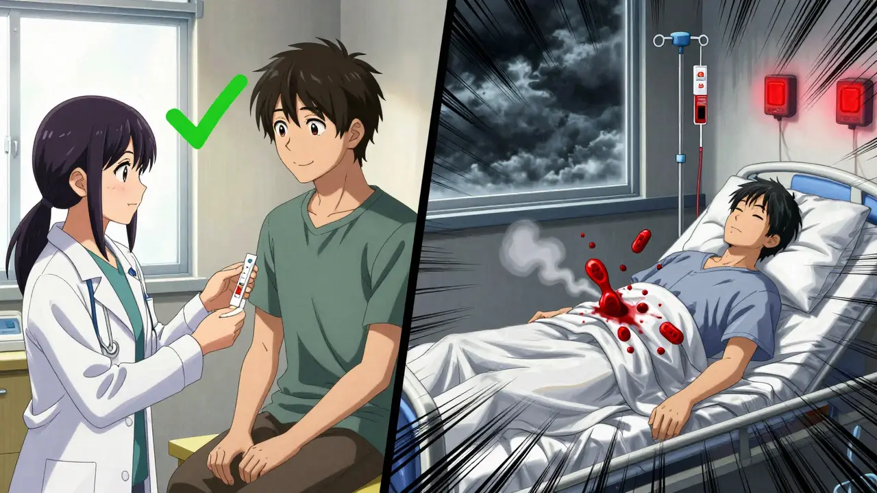 Split scene: doctor gives genetic test to safe patient vs. another patient collapsing in hospital.