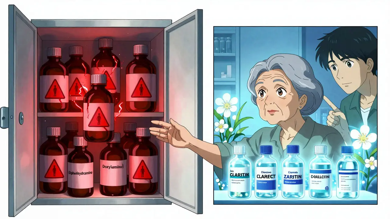 Two medicine cabinets: one dark and dangerous, the other glowing with safe allergy meds.