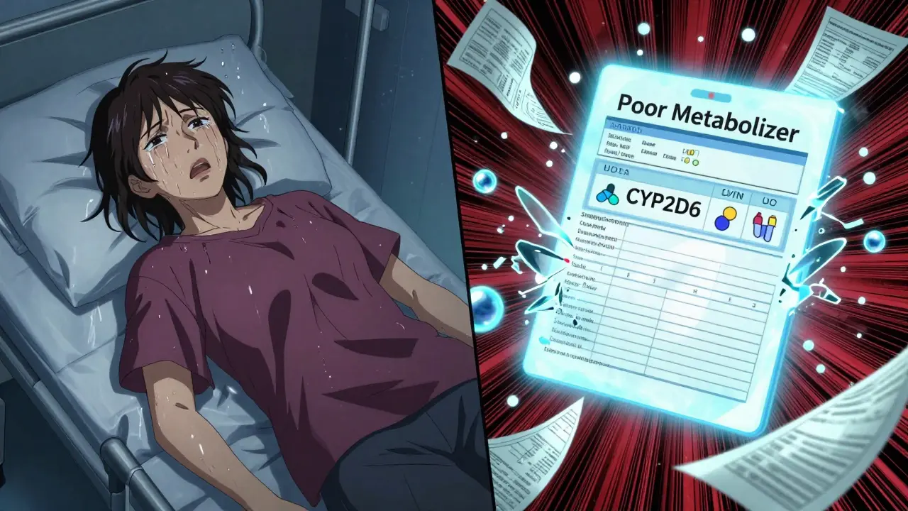 Woman collapsing in ER with genetic report showing poor metabolizer status, visualizing dangerous SSRI buildup.