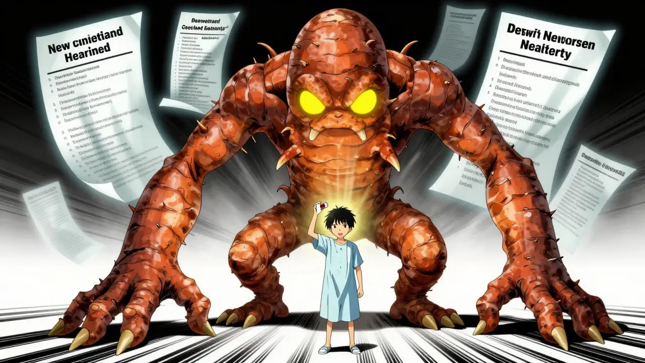 A giant turmeric root looming over a patient, with medical warning scrolls floating in the background.