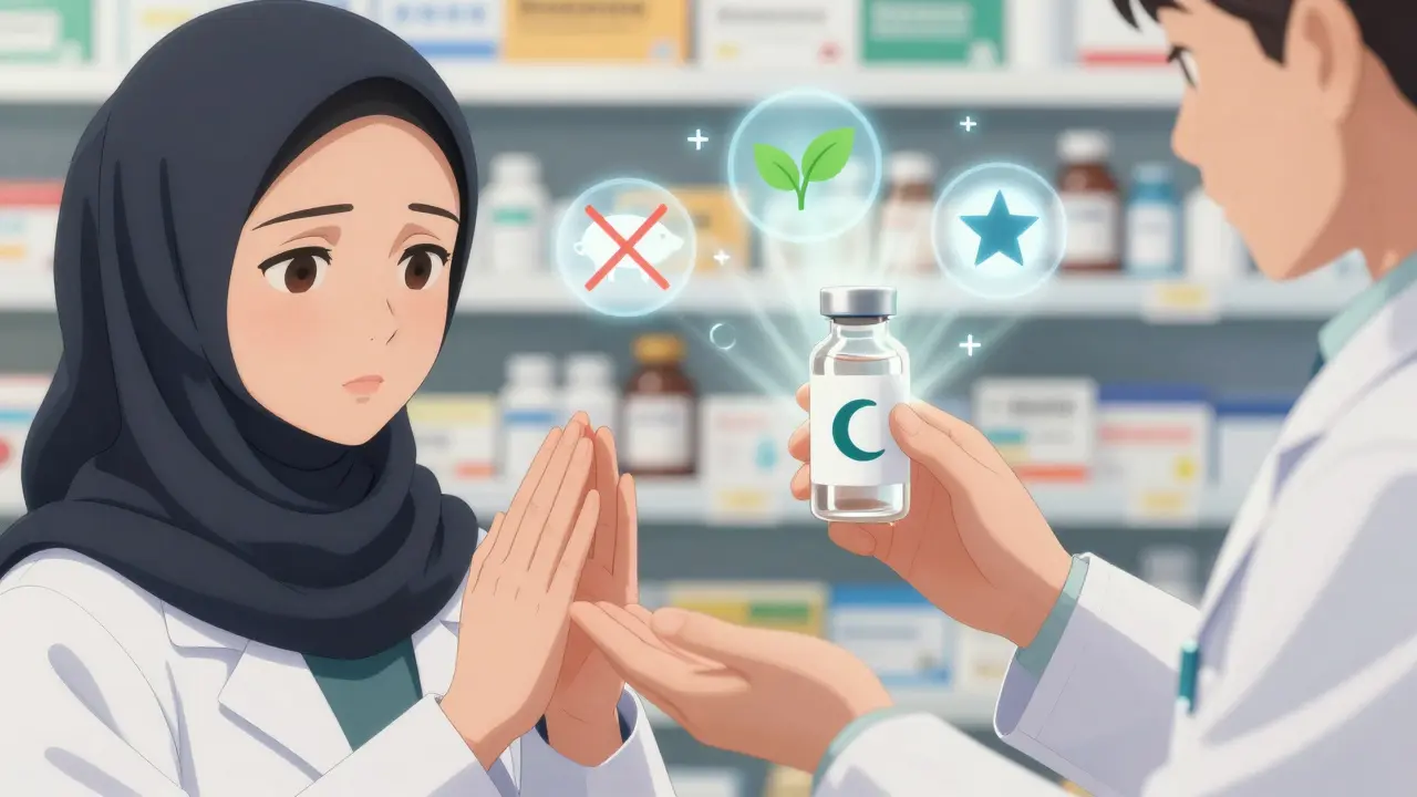 A Muslim woman being offered a liquid medication with a halal icon, while cultural symbols for pork, vegan, and kosher float nearby.