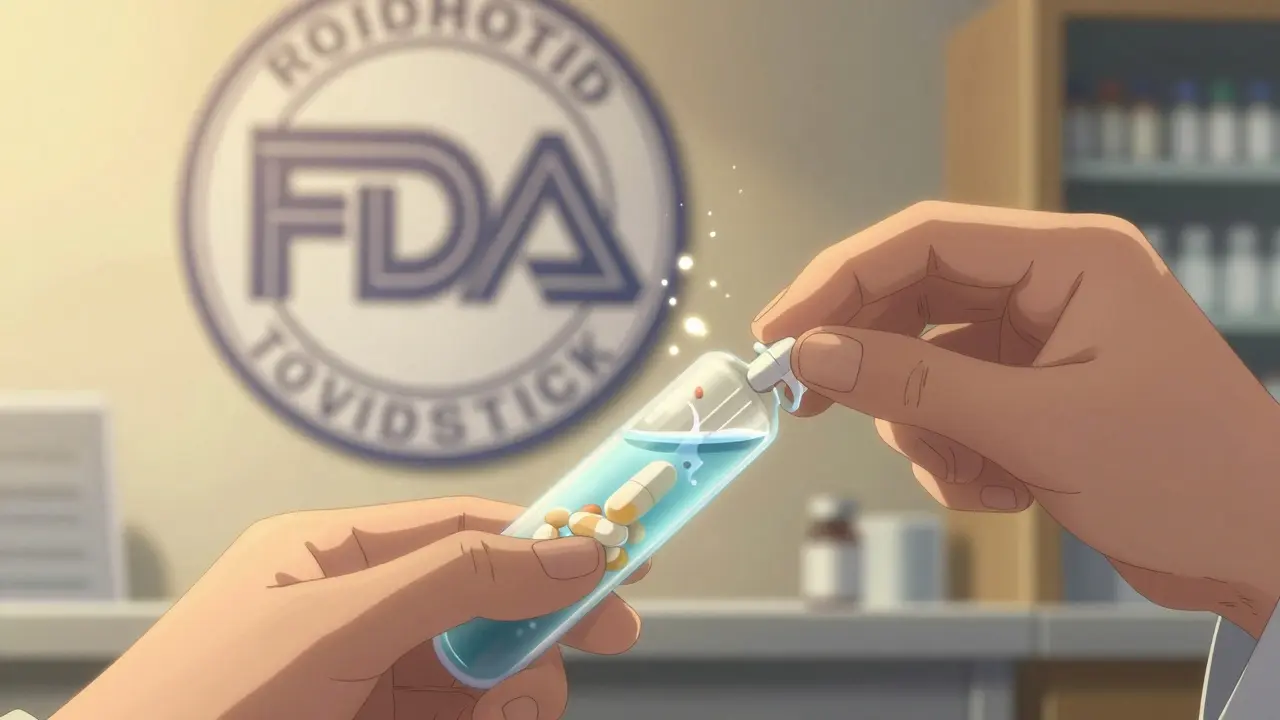 A patient receives a generic pill as a translucent dissolution test glows above.