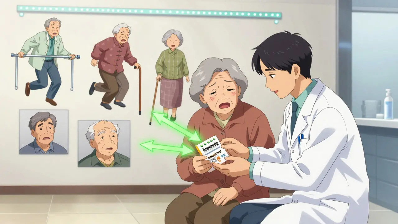 A pharmacist helping an elderly couple review medications, with glowing arrows guiding them from risky pills to safe alternatives.