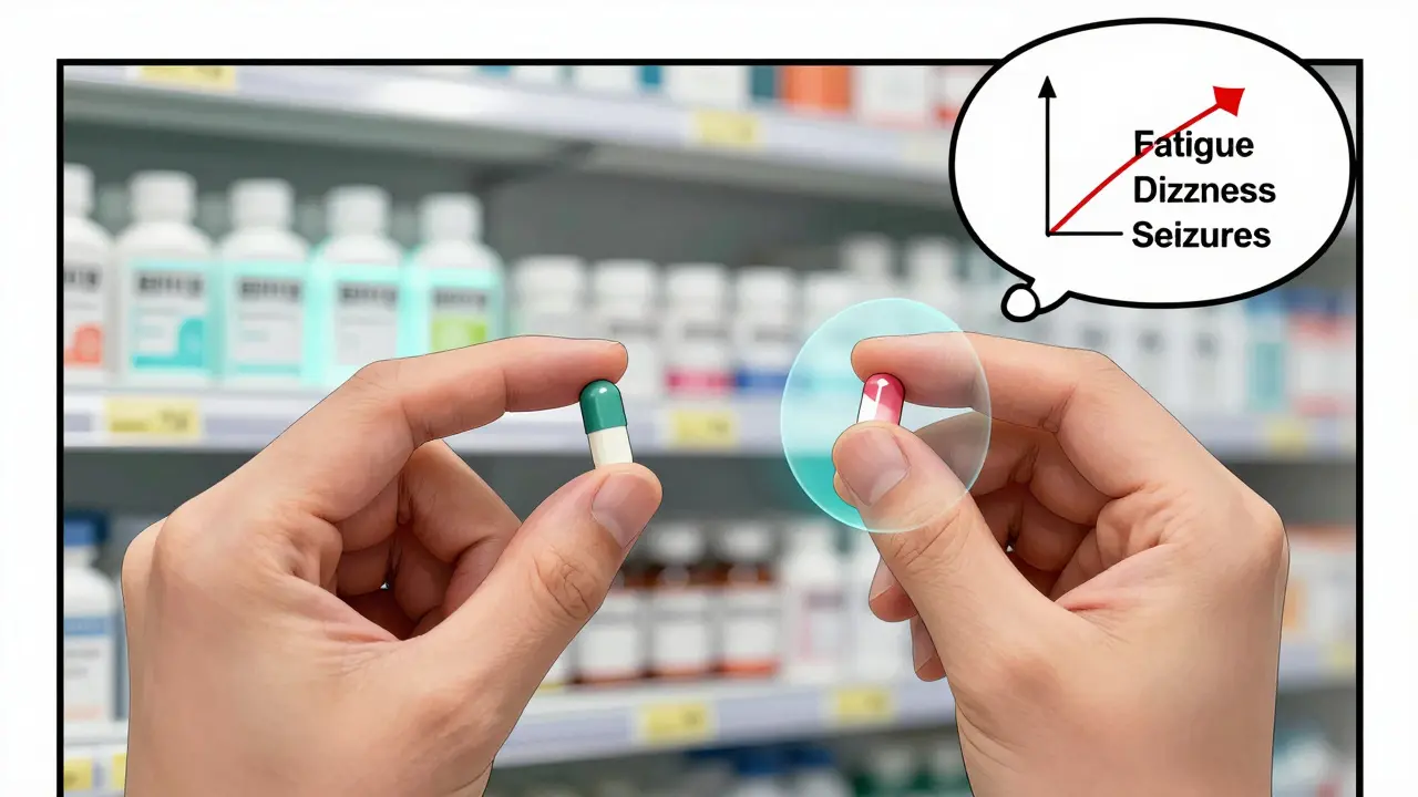 Close-up of two different-looking pills beside a glowing bloodstream diagram showing absorption differences.