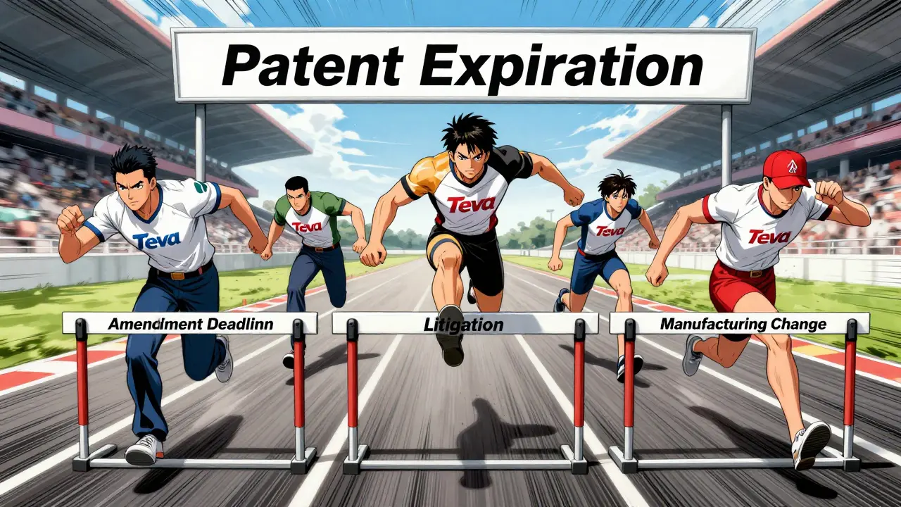 Generic drug companies race toward patent expiration, with one ahead, overcoming legal hurdles in manga-style action.