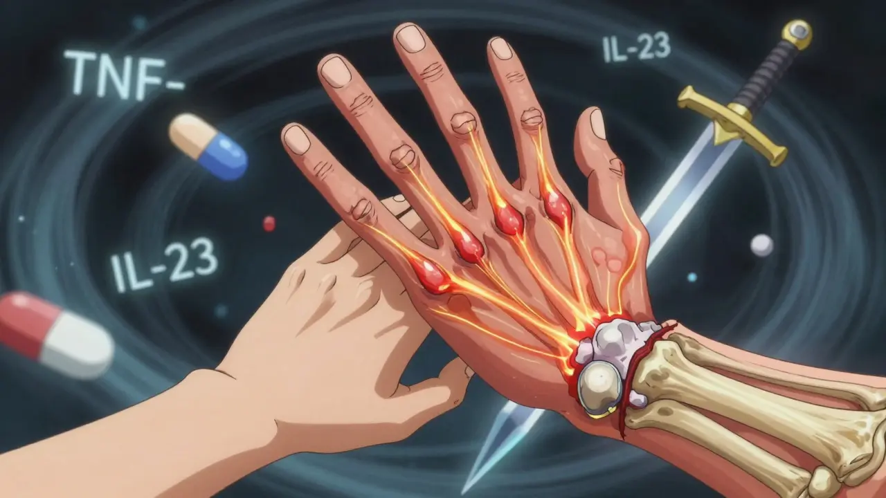 Hand showing nail pitting and joint destruction, with biologic drug symbol piercing inflammation.