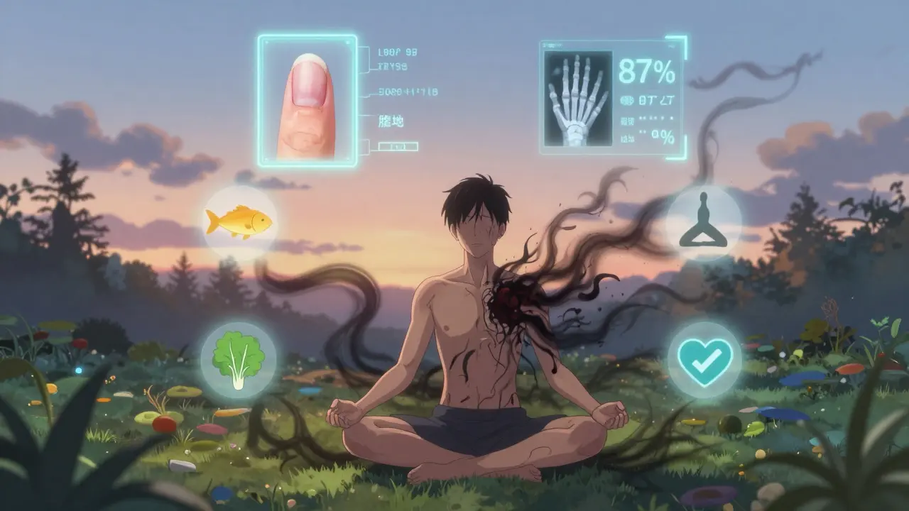 Person meditating as stress tendrils fade, with lifestyle and AI diagnostic icons floating around them.