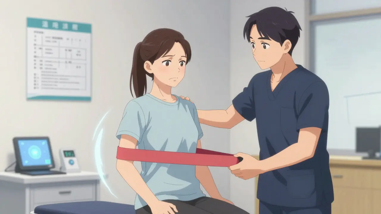 Physical therapist guiding patient through hip strengthening with resistance band, wearable sensor visible on table.