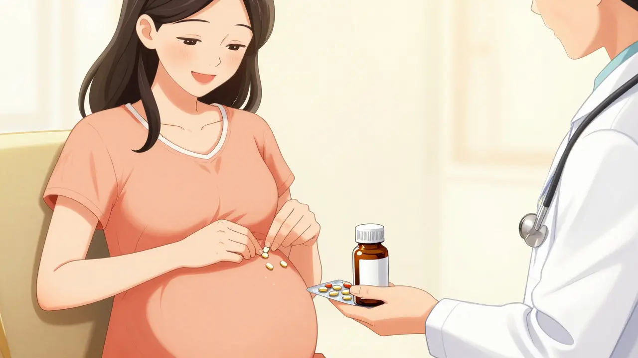 Pregnant woman smiling while taking acetaminophen with doctor's assistance.