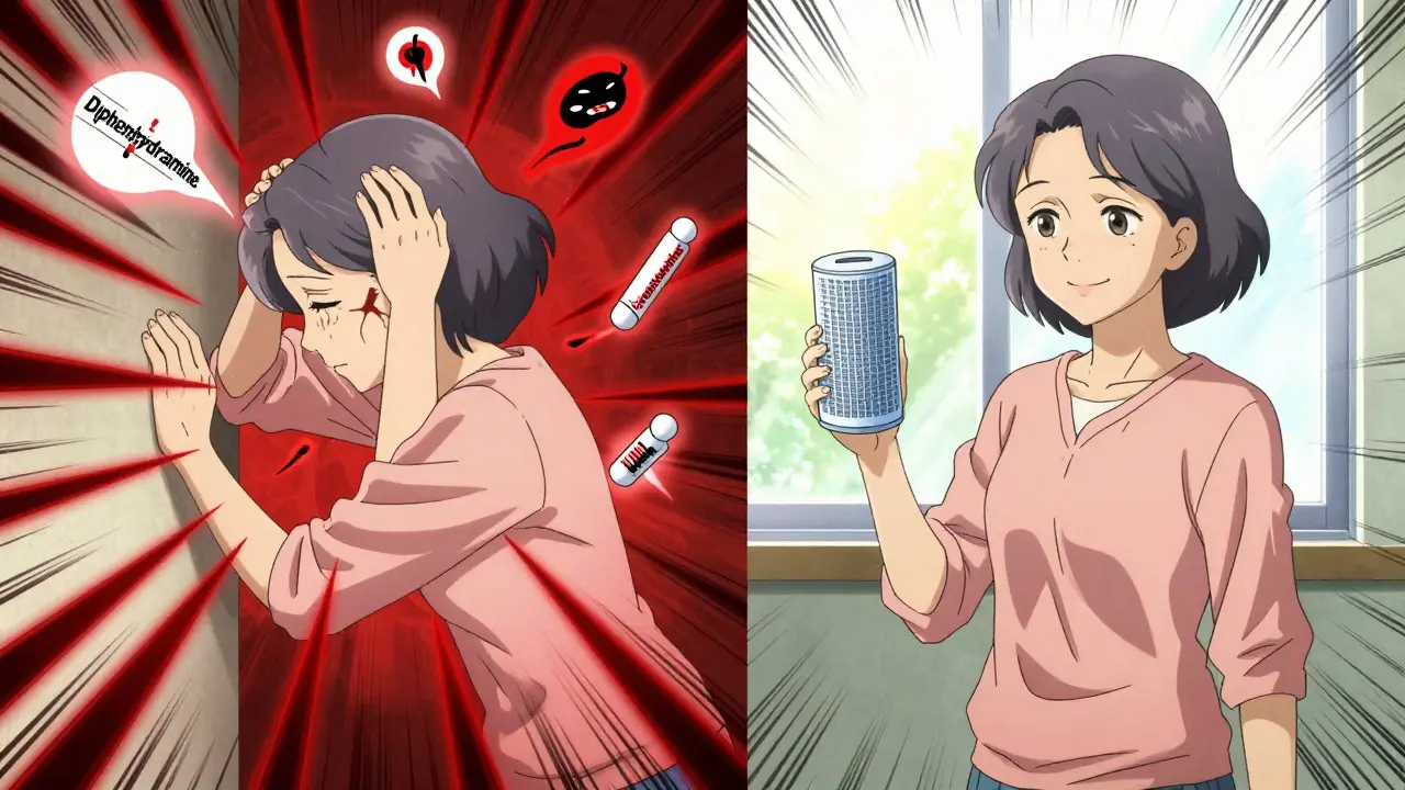 Side-by-side scene: an older woman dizzy and unsteady on one side, steady and calm on the other with safer allergy solutions.