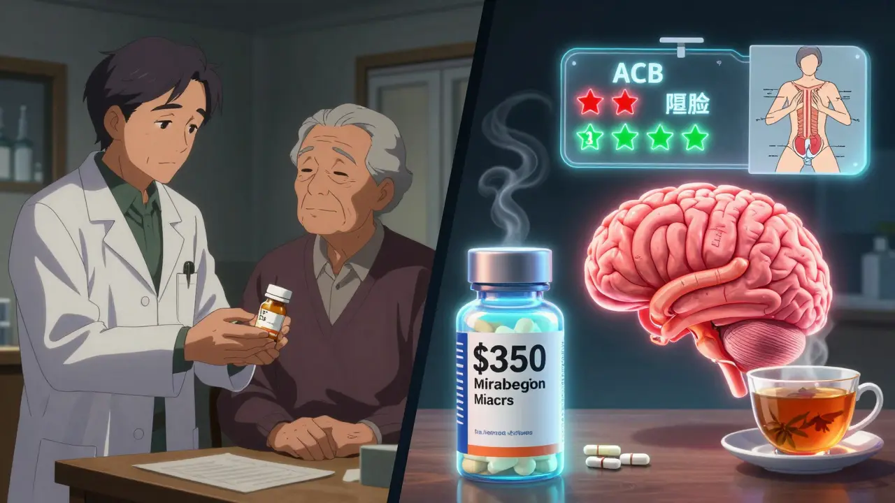 Split scene: cheap anticholinergic pill vs. expensive mirabegron with healthy brain
