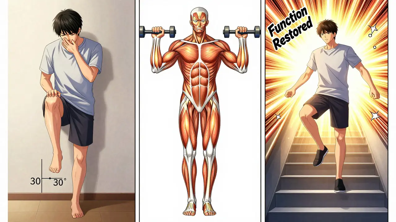 Three-panel manga-style transformation: from pain to stair climbing, showing therapy phases with glowing energy.