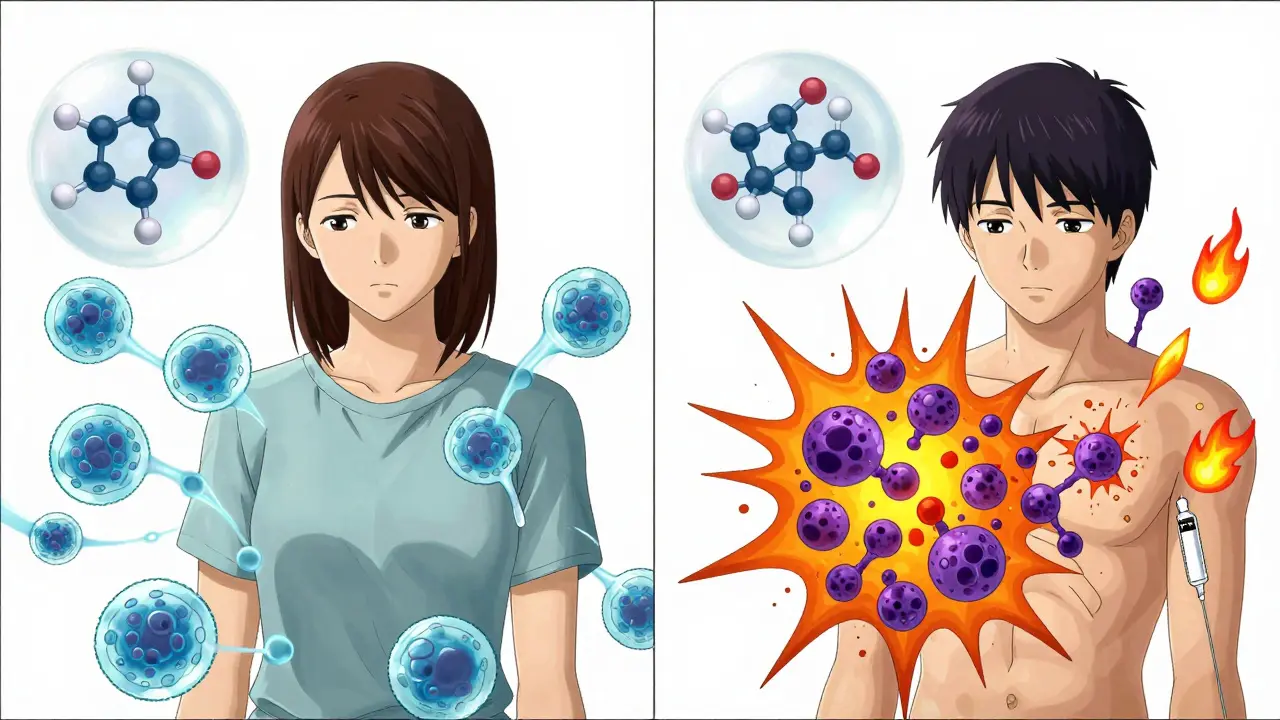 Two patients side by side: one with calm immune response, another with aggressive antibody reaction to biosimilar.