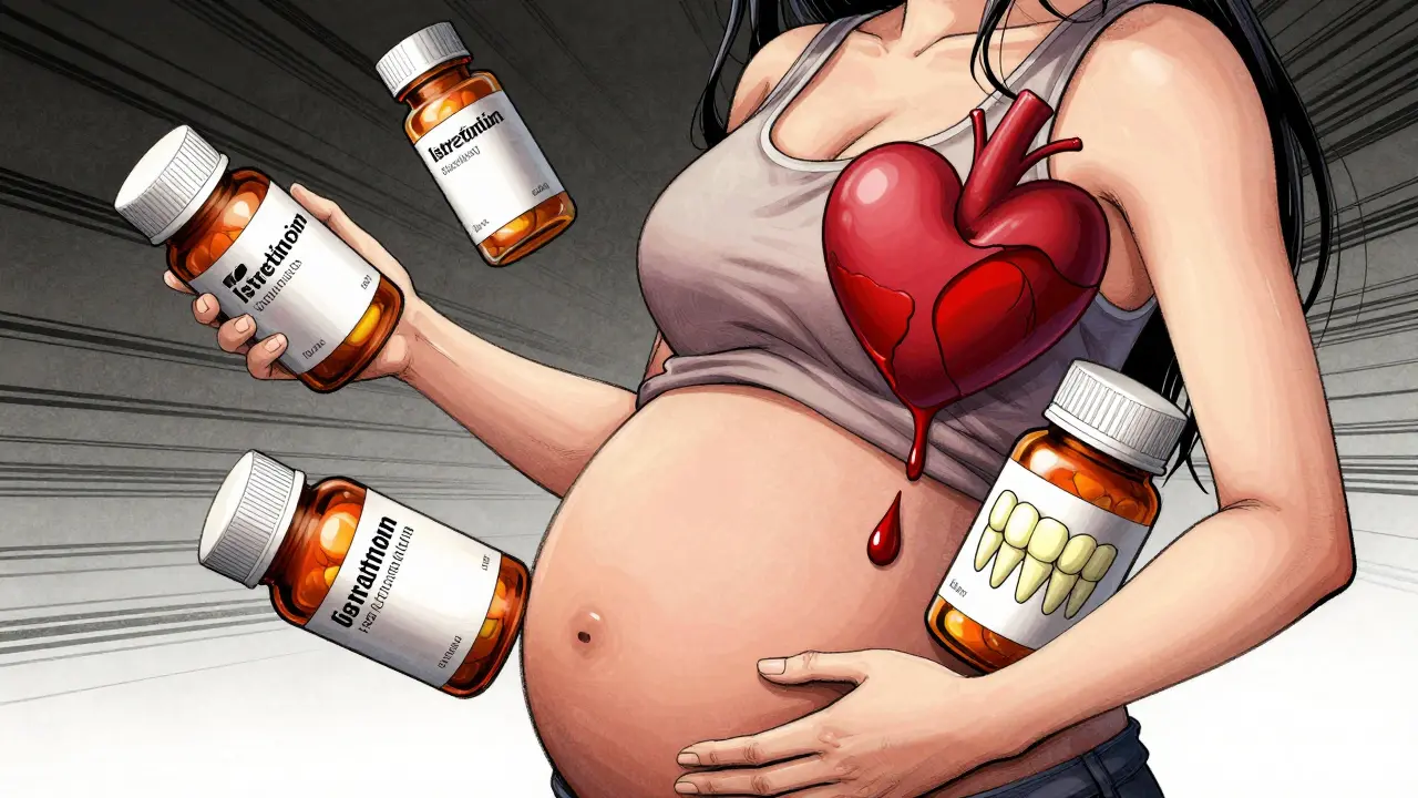 Woman holding pill bottles with symbolic risks of deformities and bleeding.