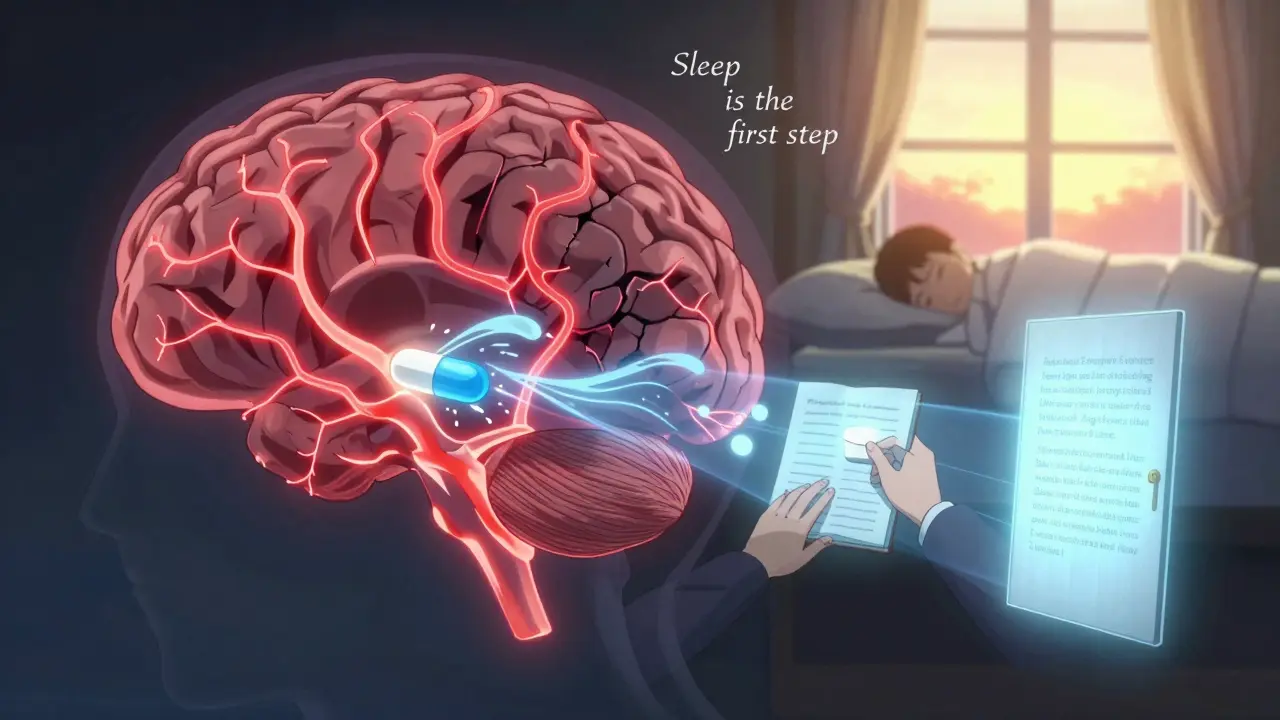 A glowing brain with fear and calm pathways, overlaid by symbols of prazosin, therapy, and imagery rehearsal as dawn breaks over a sleeping person.