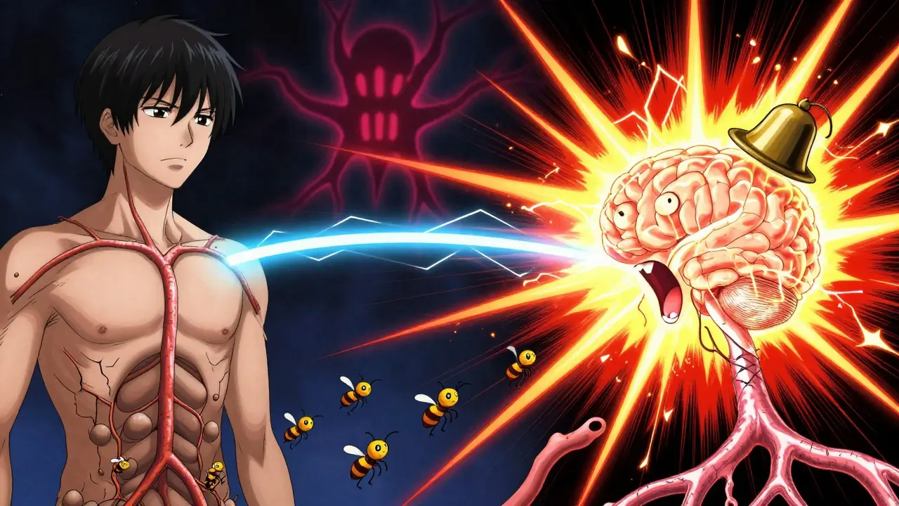 A manga-style nerve system showing healthy signals vs. chaotic pain surges overwhelming the brain.