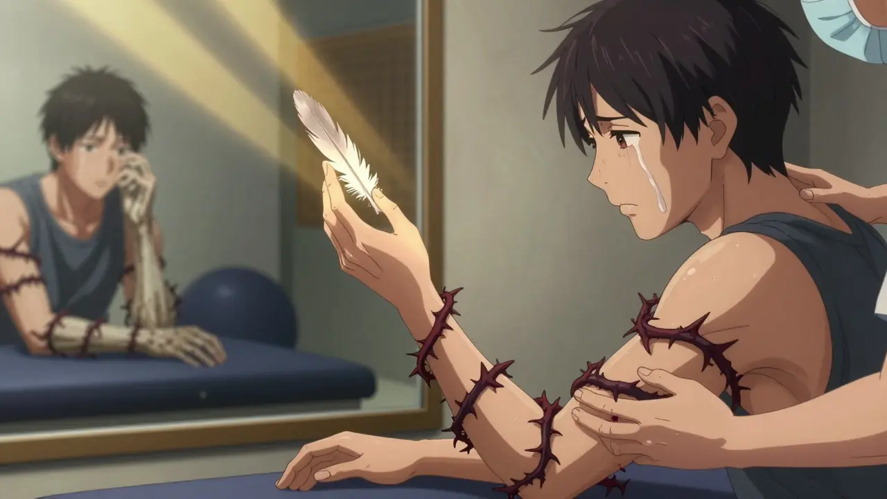 A patient reaches for a feather as therapy light fights dark pain vines, with mirrored limbs showing recovery vs. deterioration.