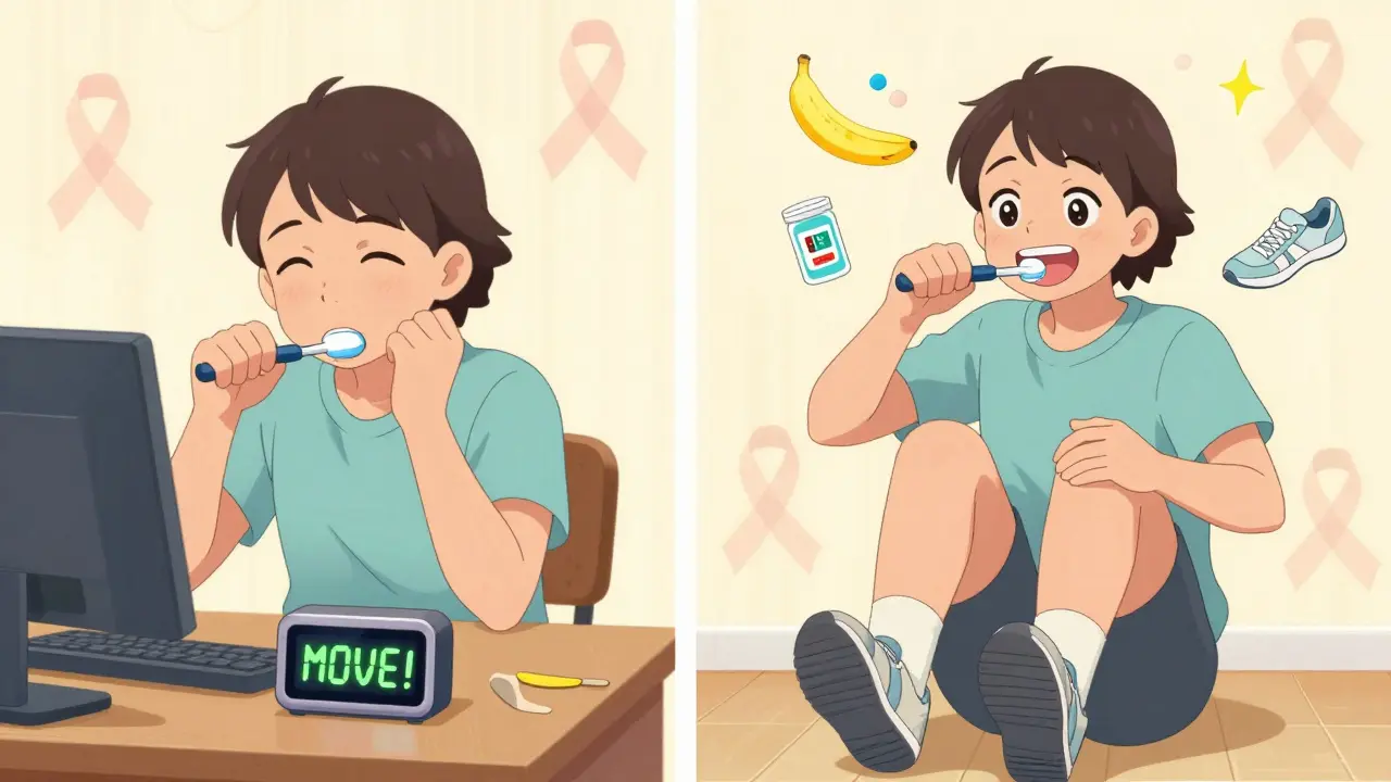 A person doing calf raises while brushing teeth, with floating health icons showing safe exercise habits for diabetes.