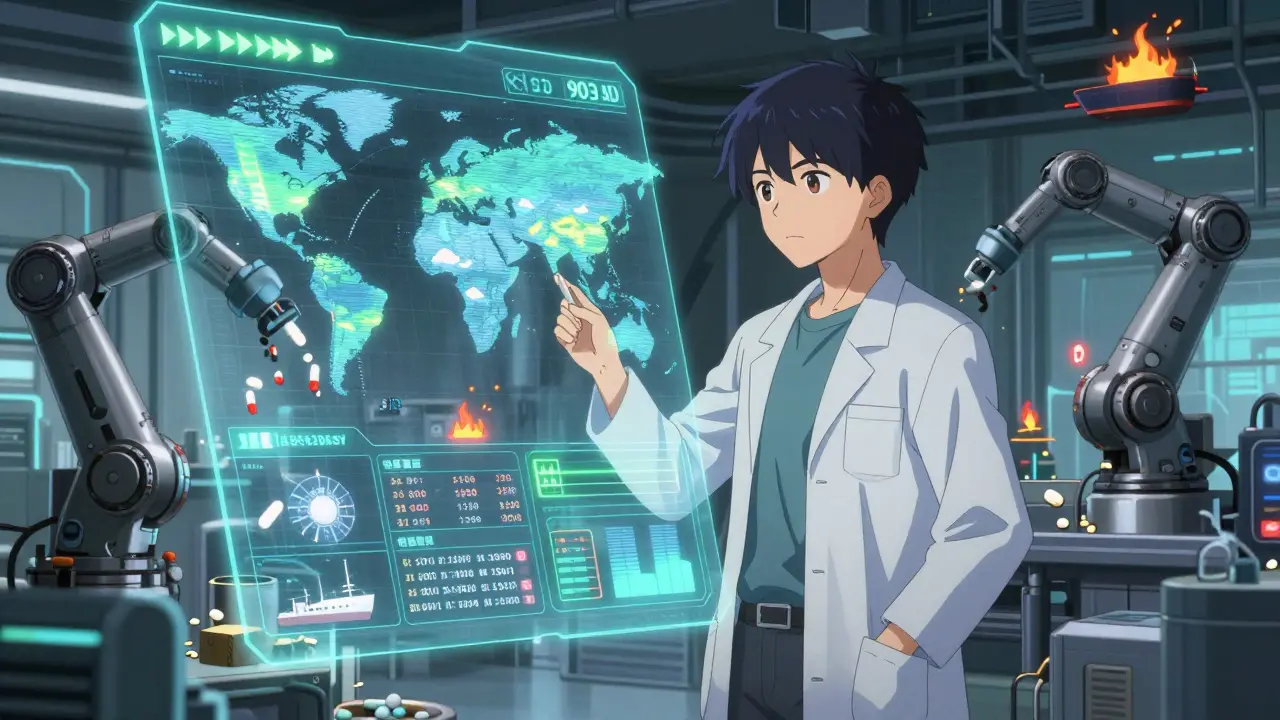 An engineer monitors an AI dashboard predicting supply disruptions, with robotic manufacturing in the background.