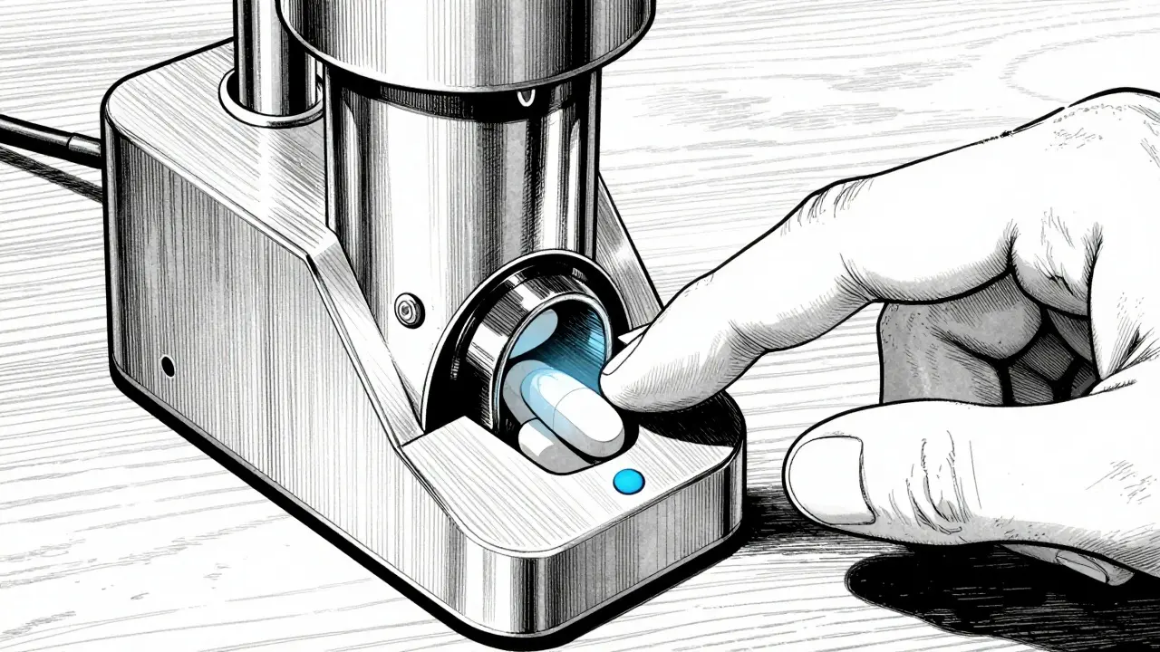 Close-up of a hand reaching for an automated pill dispenser device.