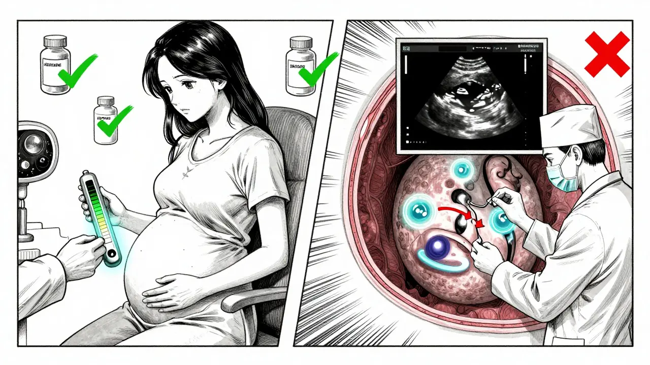 Cross-section of pregnant woman showing psychiatric medication adjustment and fetal monitoring with visualized data.