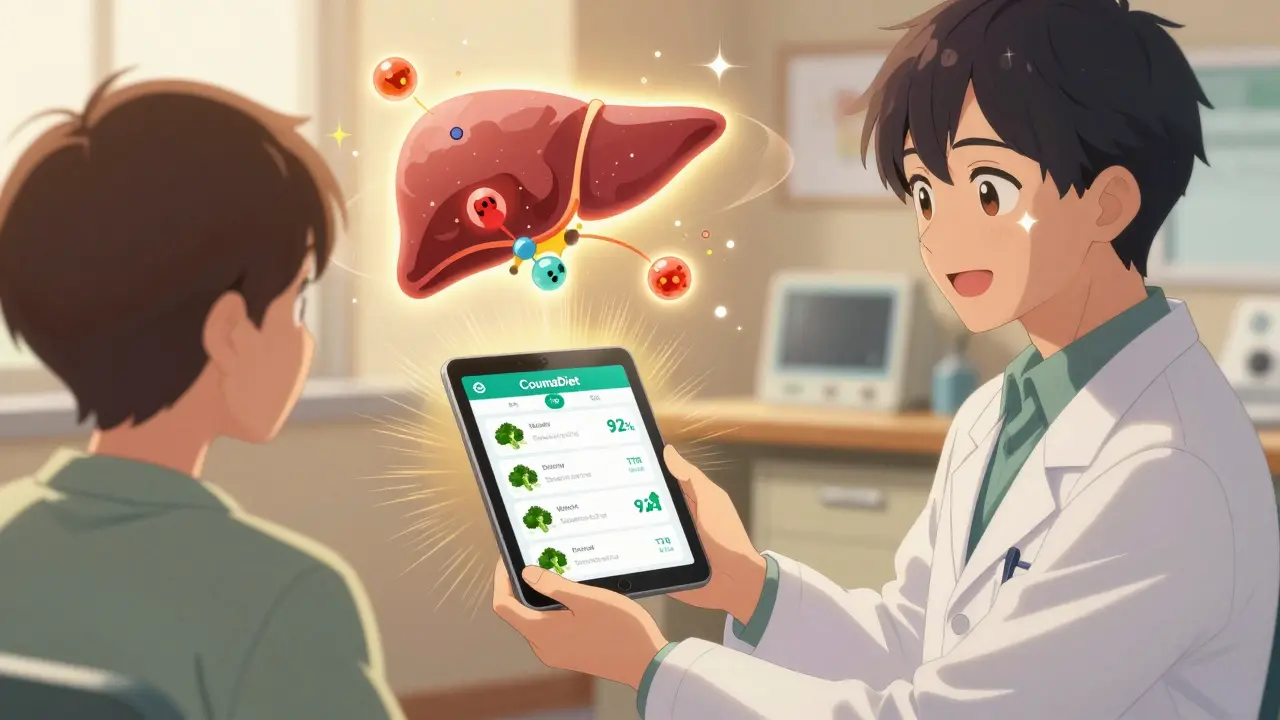 Doctor showing patient a meal-tracking app, with glowing vitamin K molecule and liver animation in background