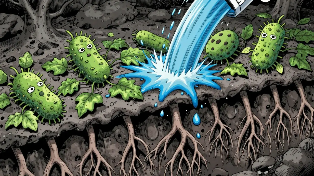 Microscopic view of medicine stream hitting weed-like bacteria roots.