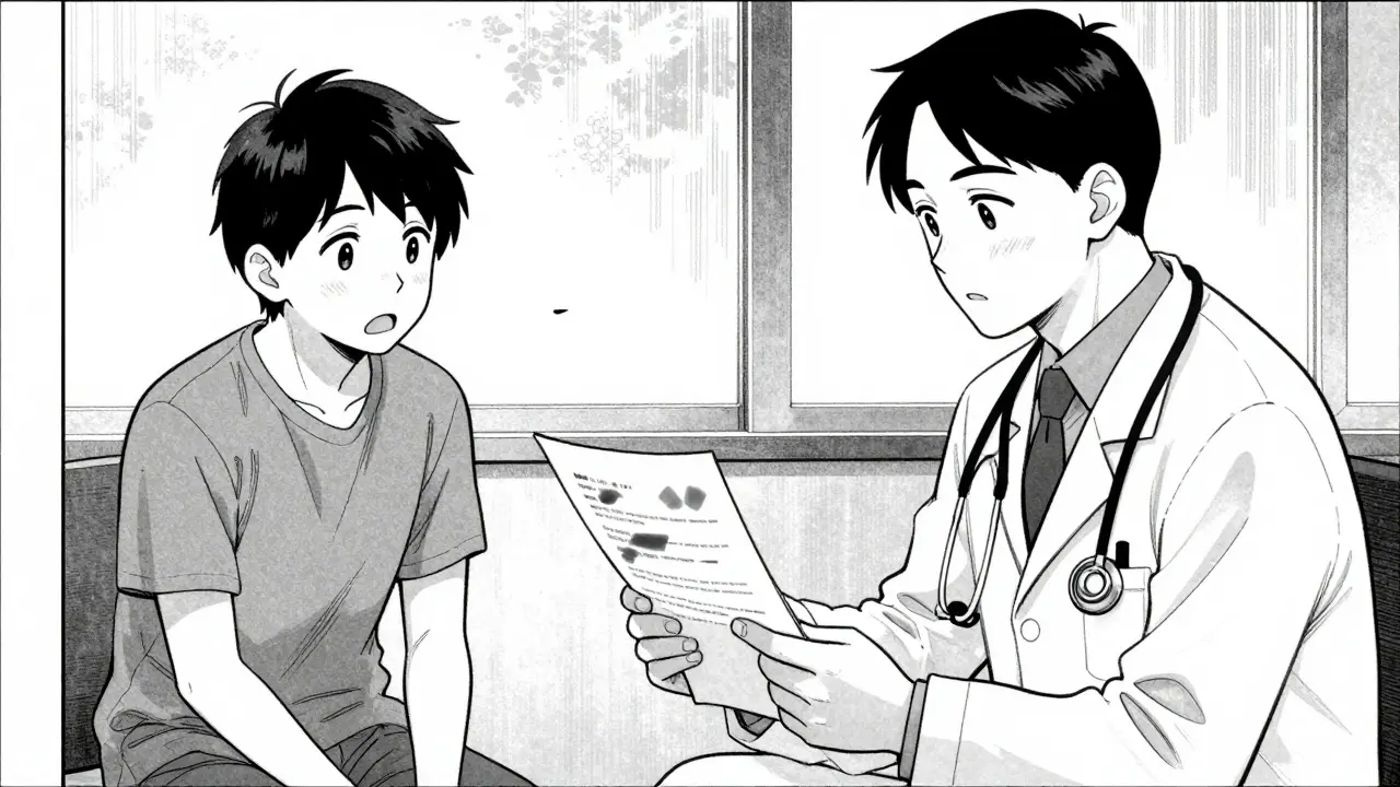 Monochrome manga scene of a doctor reviewing heart test results.