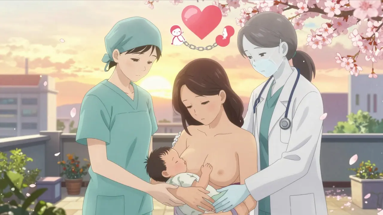 Mother breastfeeding with symbolic figures of OB/GYN and psychiatrist supporting her from behind.