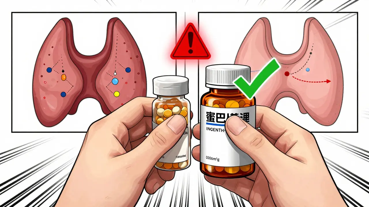 Patient holding two pill bottles — one with warning symbol, one with green checkmark, showing therapeutic difference.