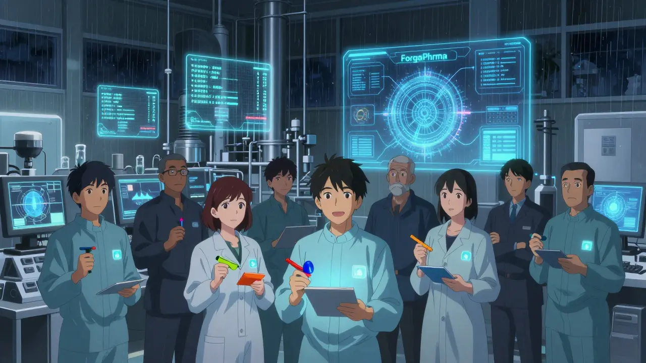 Pharmaceutical facility at night with workers and holographic contamination thresholds monitored by AI.