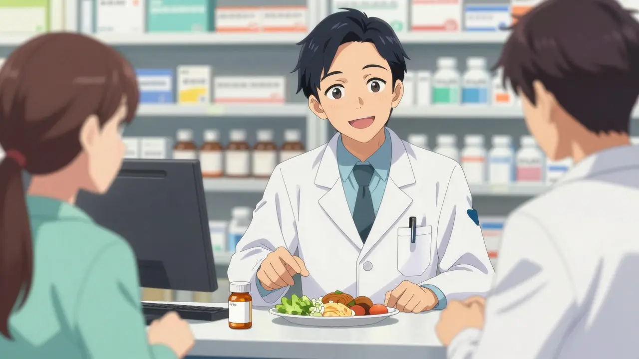 Pharmacist advising patient on taking pills with food safely.