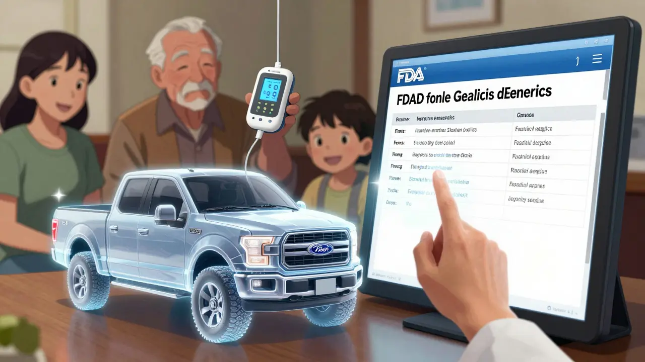 Pharmacist showing FDA list on screen as diverse patients receive authorized generics with smiles.