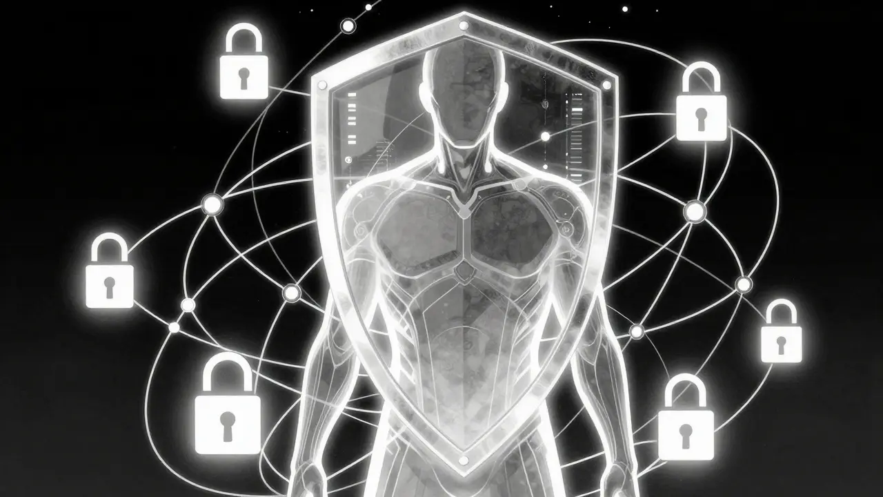Silhouette protected by a digital security shield and network lines.