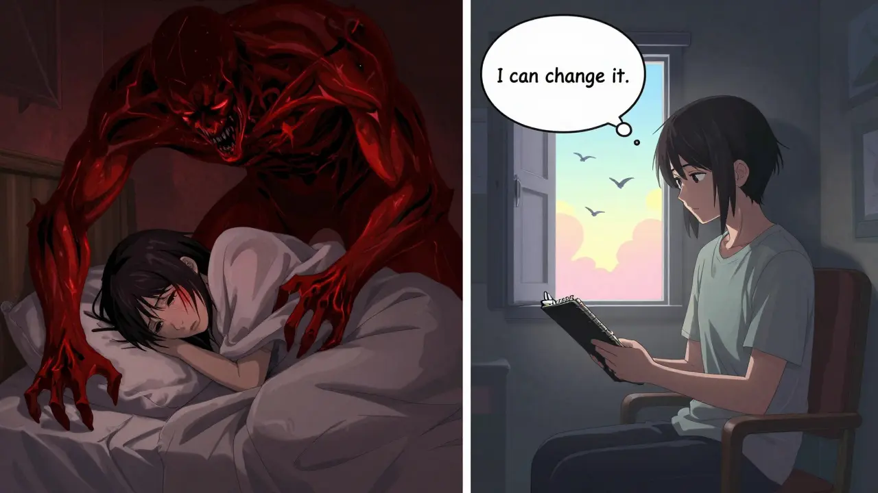 Split image: one side shows a person terrified by trauma nightmares, the other calmly rewriting a dream into a peaceful scene with sunlight.