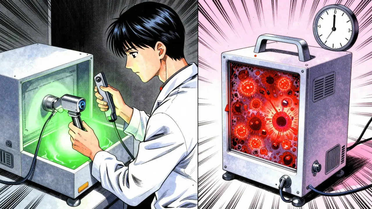 Split-panel manga showing clean equipment with green glow versus contaminated equipment with red spores.