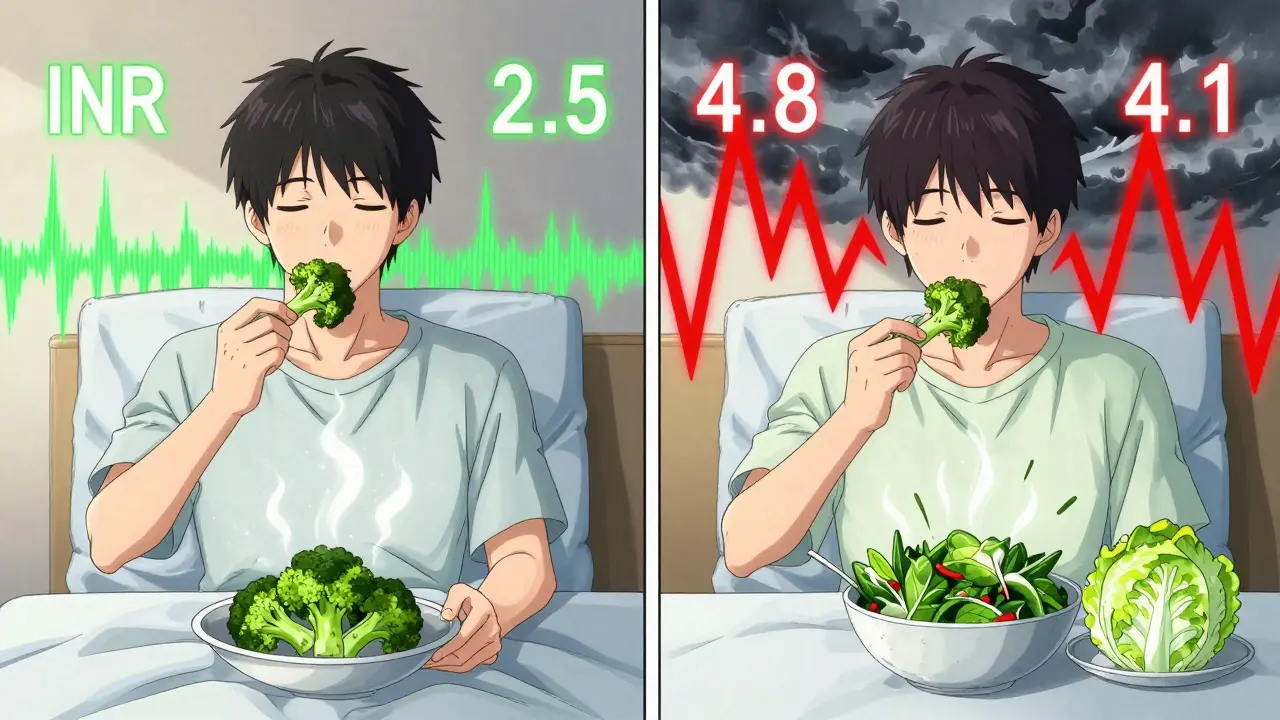 Split scene: one patient with stable INR from consistent broccoli, another with wild INR swings from changing greens