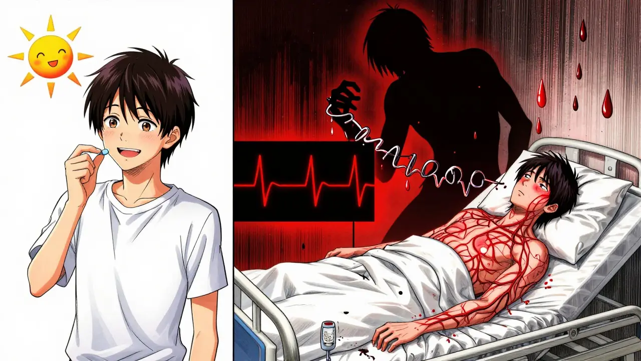 Split scene: one side shows a person taking medication happily, the other shows them collapsing with glowing veins and broken enzymes.