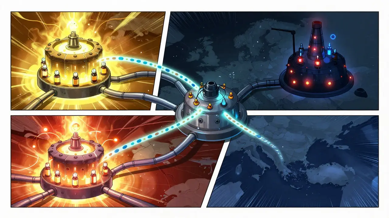 Three regional drug production hubs glow with steady output, connected by pipelines, while one isolated factory dims.