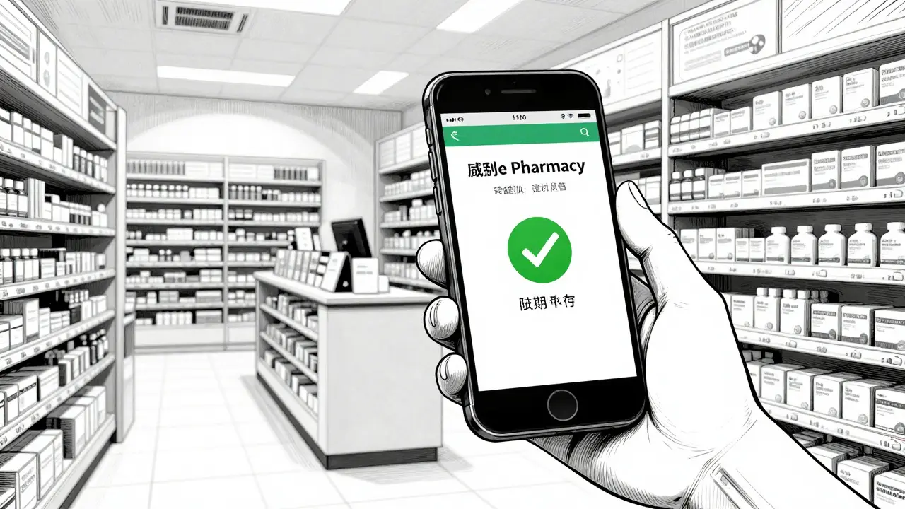 A smartphone screen showing a verified pharmacy purchase in a clean manga illustration.