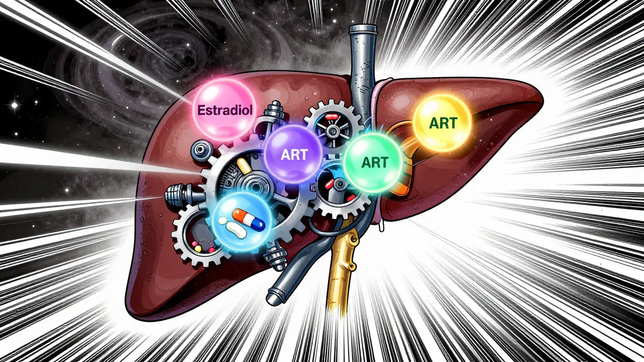 Abstract manga illustration of liver enzymes processing different hormone and drug molecules.