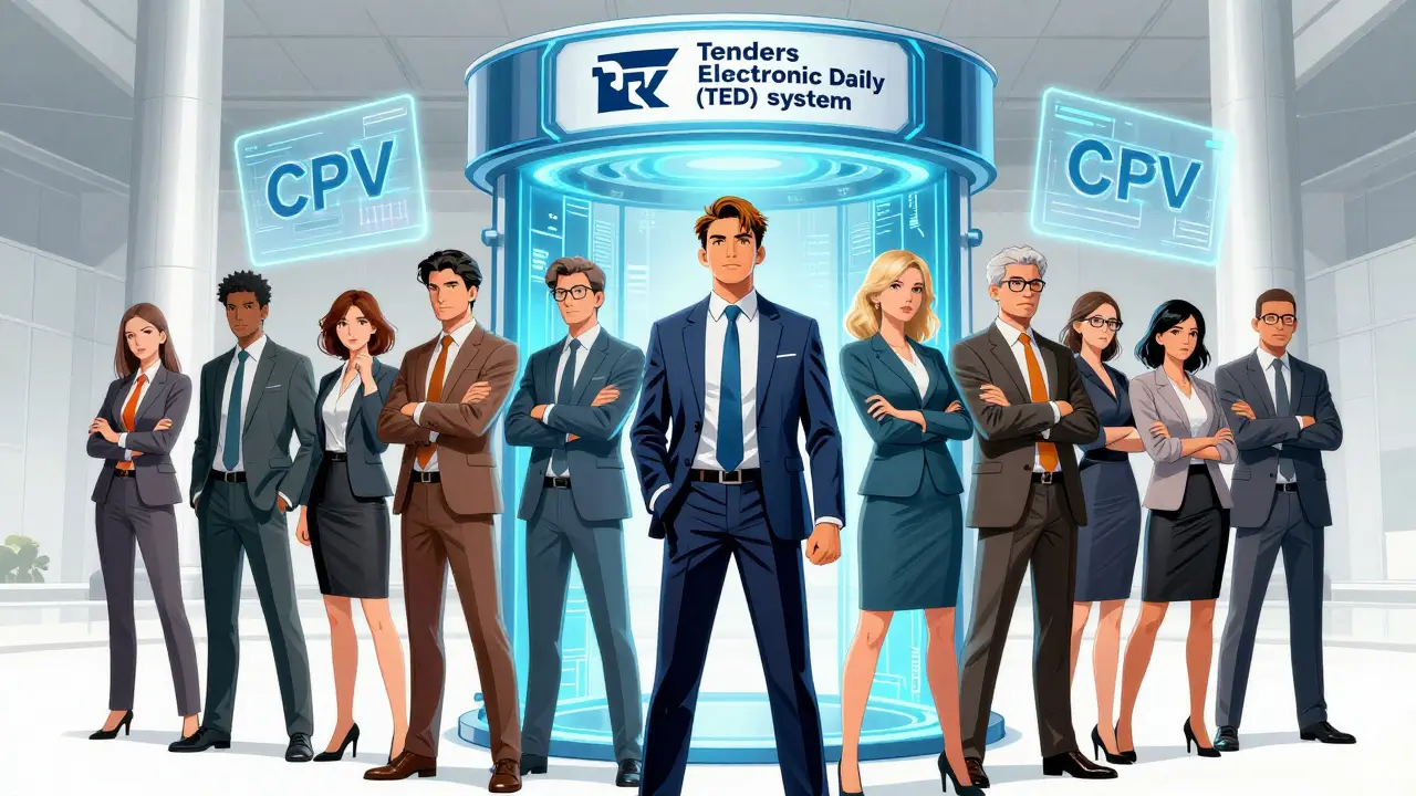 Business professionals facing a glowing digital EU tendering portal in manga style.